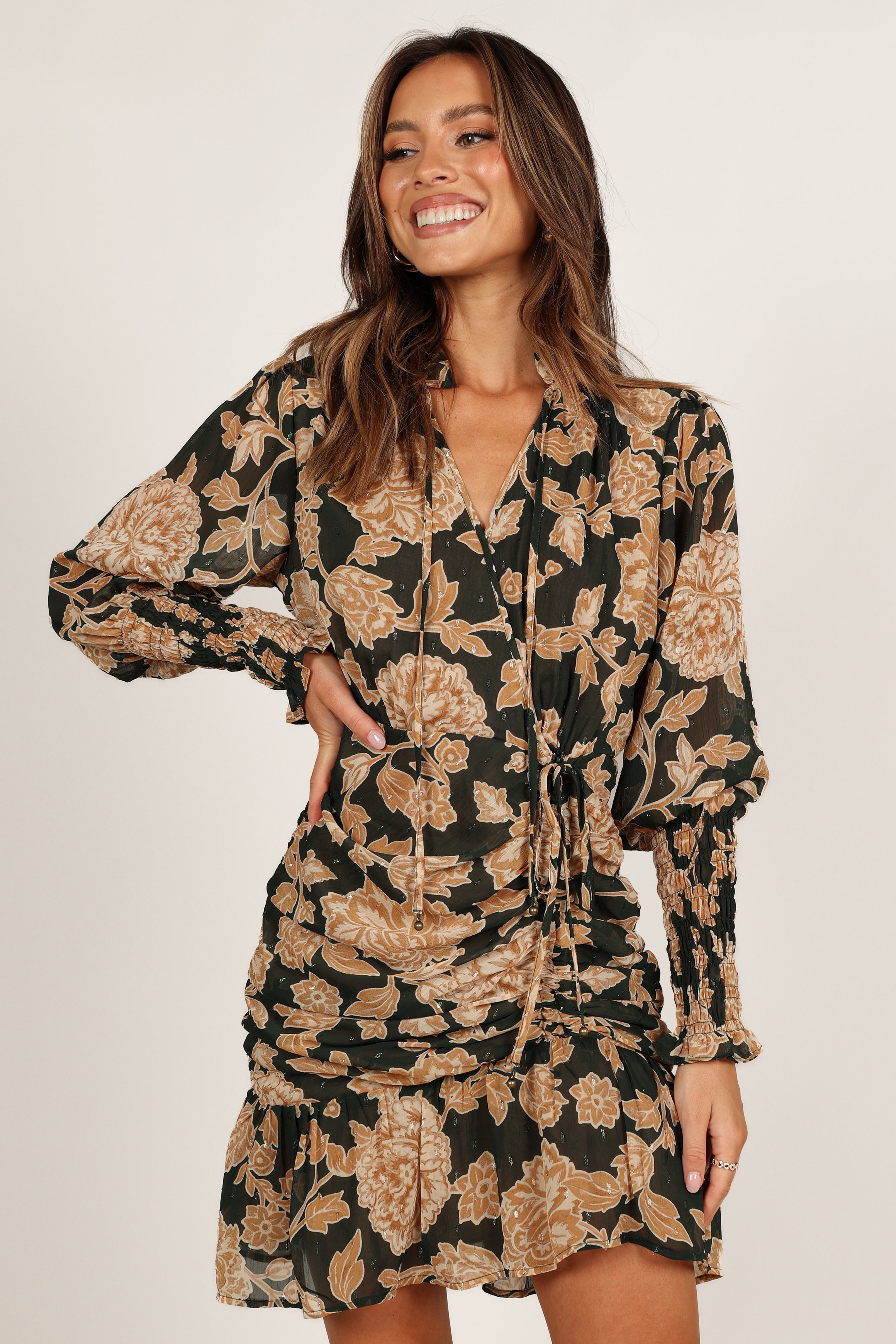 Petal and Pup USA DRESSES Micha Ruched High Neck Mini Dress - Pine/Gold