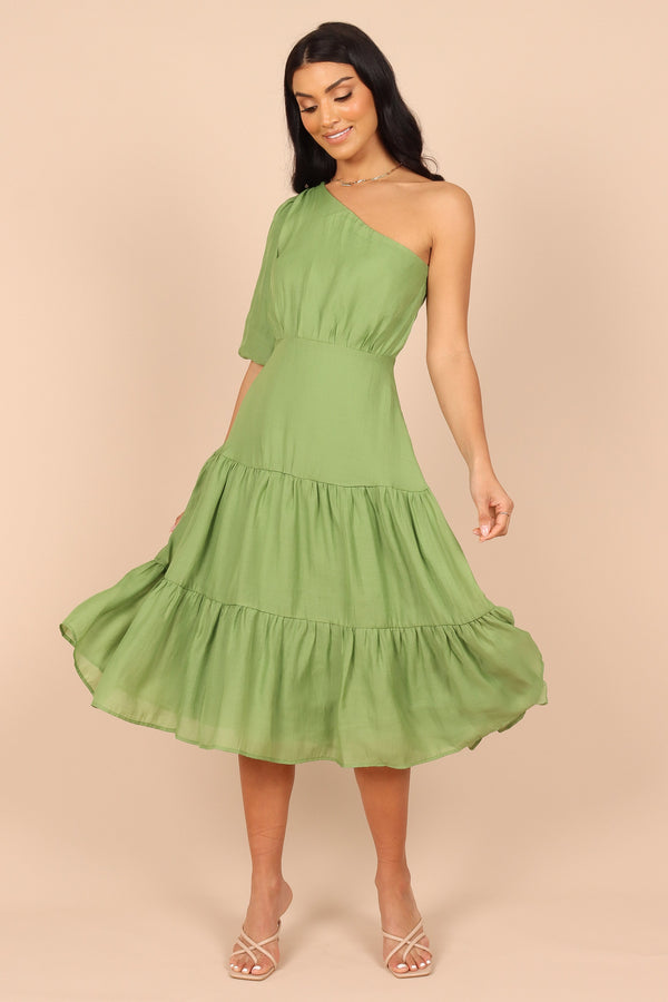 Petal and Pup USA DRESSES Milla One Shoulder Tiered Midi Dress - Green