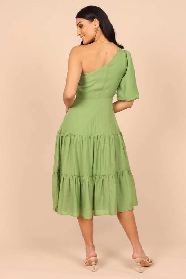 Petal and Pup USA DRESSES Milla One Shoulder Tiered Midi Dress - Green