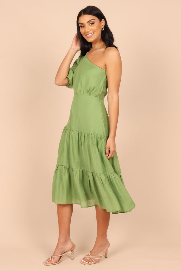 Petal and Pup USA DRESSES Milla One Shoulder Tiered Midi Dress - Green