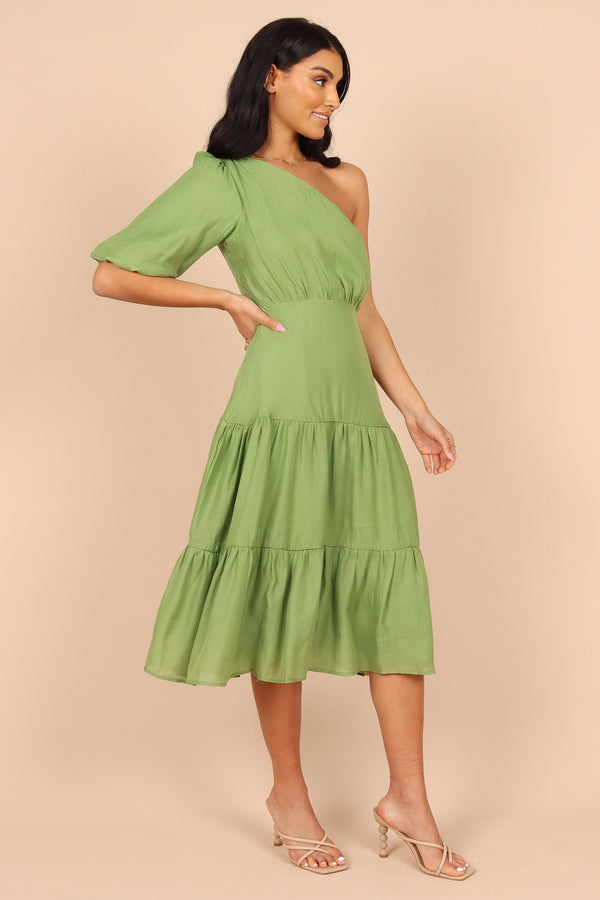 Petal and Pup USA DRESSES Milla One Shoulder Tiered Midi Dress - Green