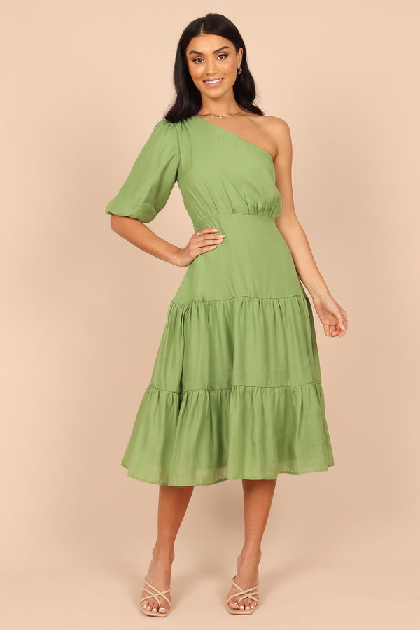 Petal and Pup USA DRESSES Milla One Shoulder Tiered Midi Dress - Green