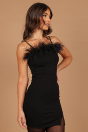 Delia Feather Trim Mini Dress - Black