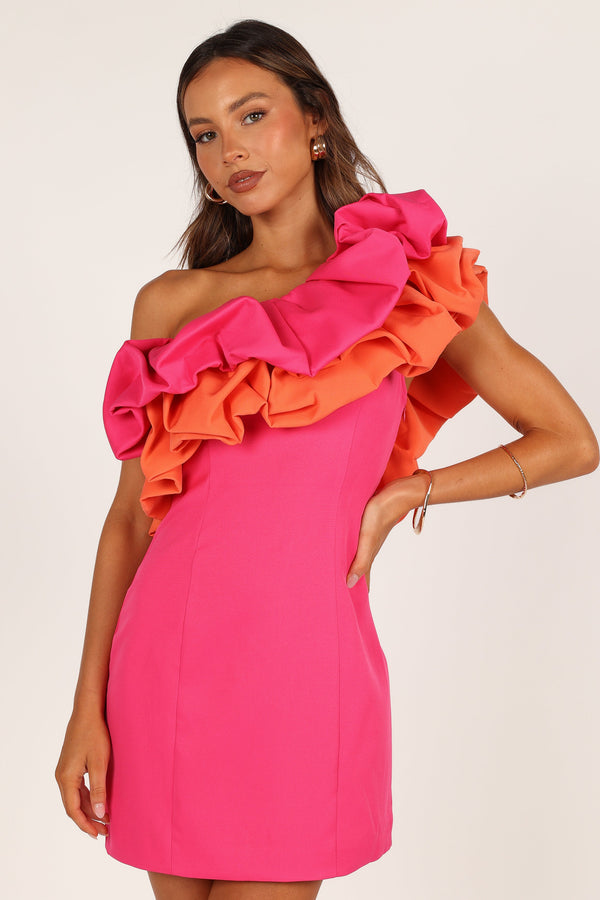 Petal and Pup USA DRESSES Phoebe One Shoulder Mini Dress - Pink/Orange