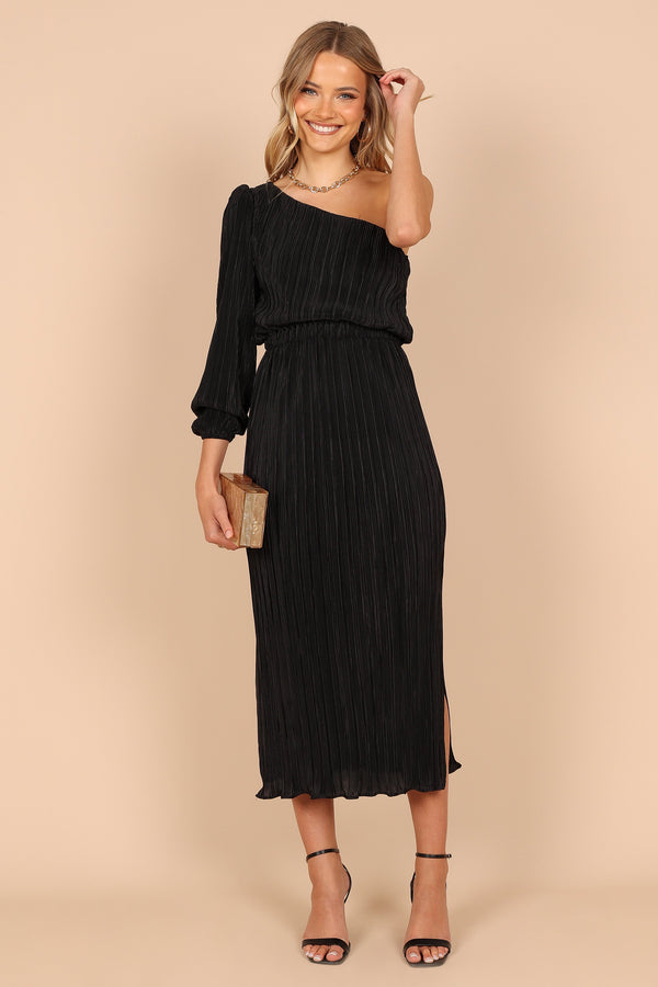 Petal and Pup USA DRESSES Pontee One Shoulder Pleated Midi Dress - Black