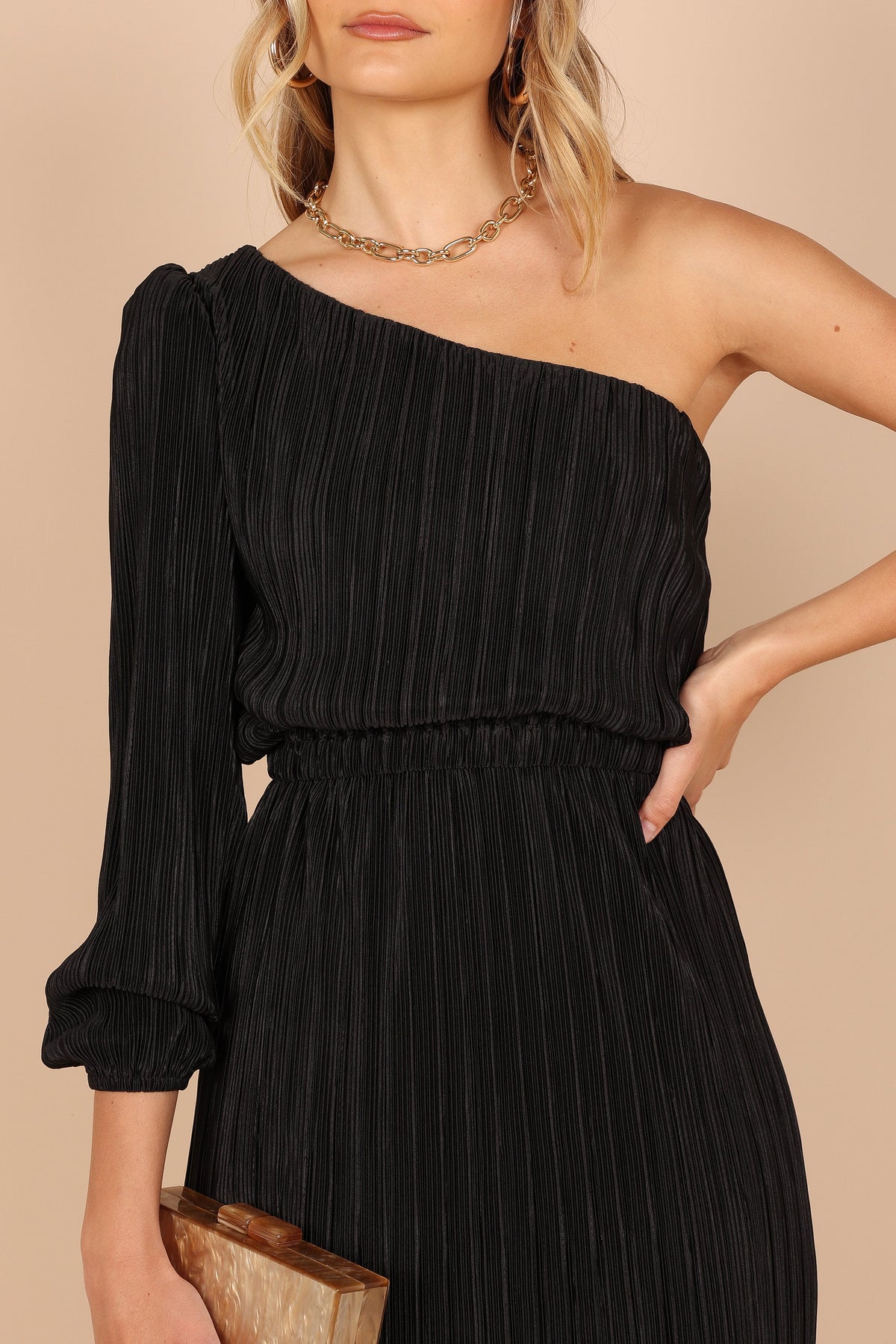 black one shoulder knee length dress Pontee Pleated Midi black one shoulder midi dress