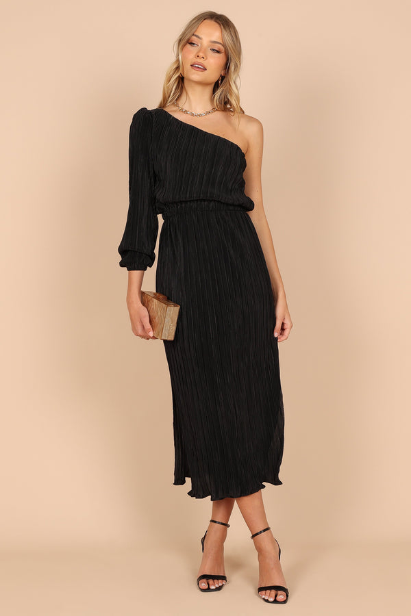 Petal and Pup USA DRESSES Pontee One Shoulder Pleated Midi Dress - Black