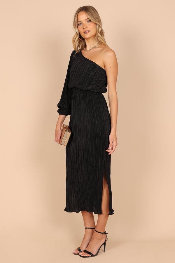 Petal and Pup USA DRESSES Pontee One Shoulder Pleated Midi Dress - Black