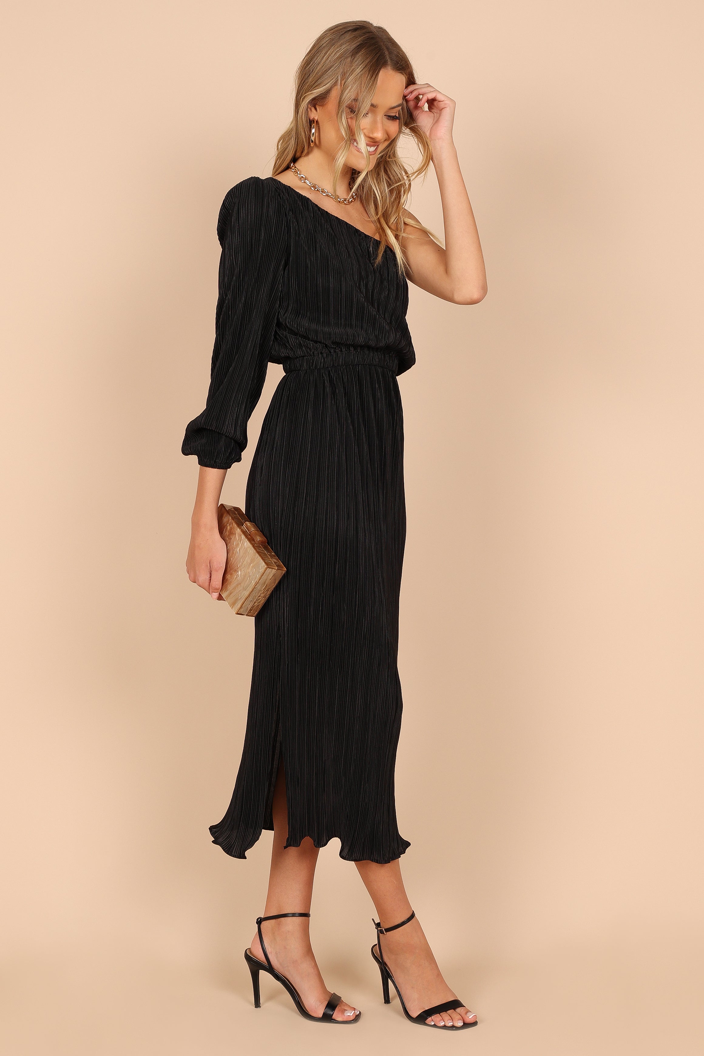 Off shoulder pleated midi dress best sale