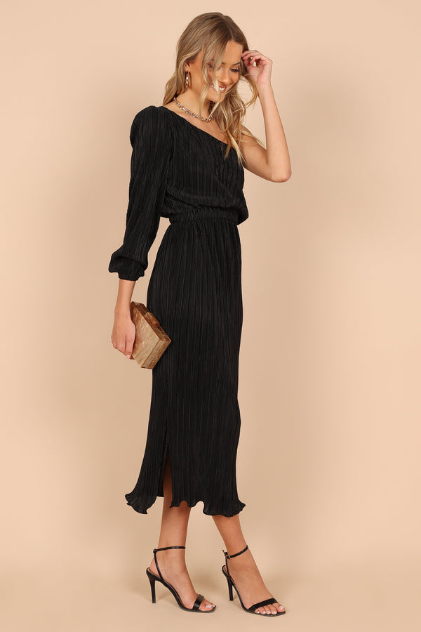 Petal and Pup USA DRESSES Pontee One Shoulder Pleated Midi Dress - Black