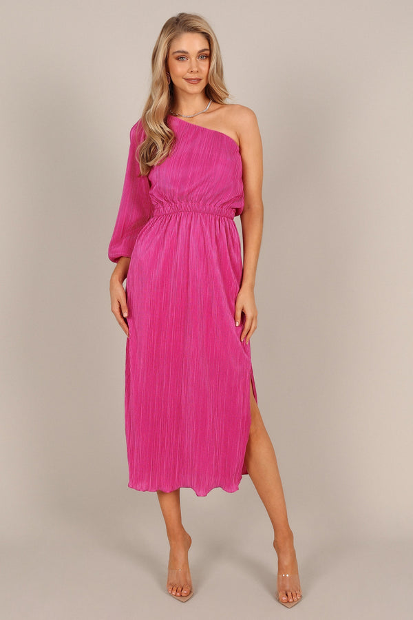 Petal and Pup USA DRESSES Pontee One Shoulder Pleated Midi Dress - Orchid