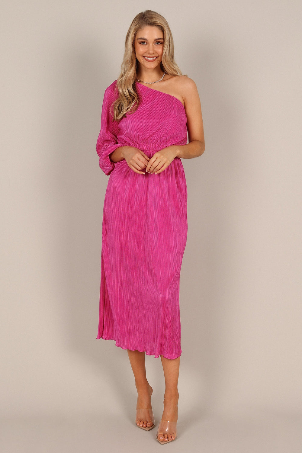 Petal and Pup USA DRESSES Pontee One Shoulder Pleated Midi Dress - Orchid
