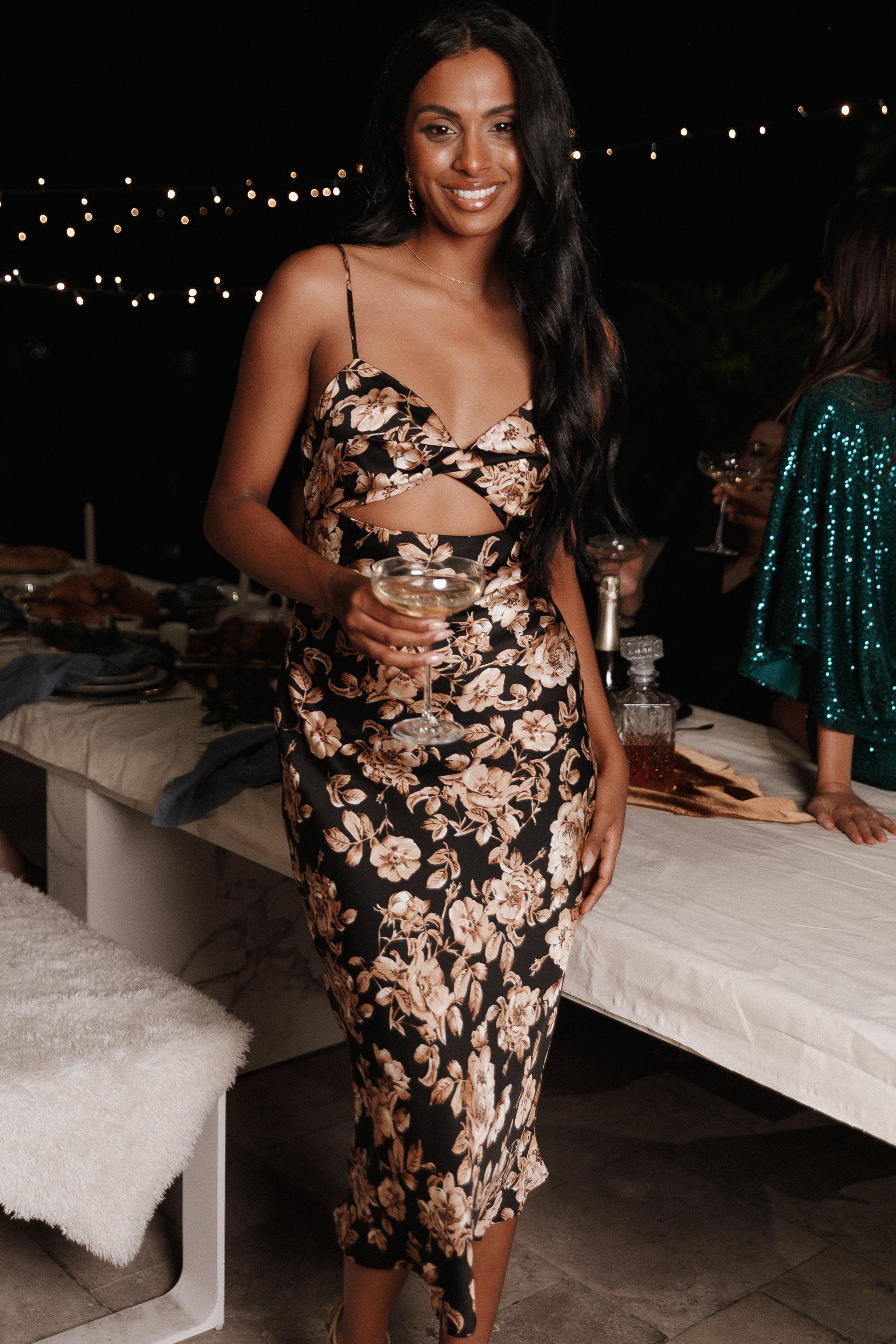 Saga Cut Out Midi Dress Black Floral Petal Pup USA