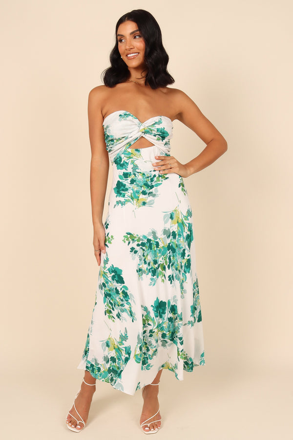 Petal and Pup USA DRESSES Teagan Strapless Midi Dress - Green Floral