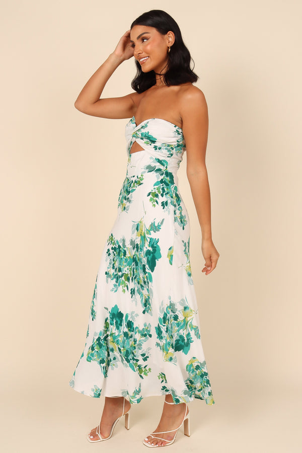 Petal and Pup USA DRESSES Teagan Strapless Midi Dress - Green Floral