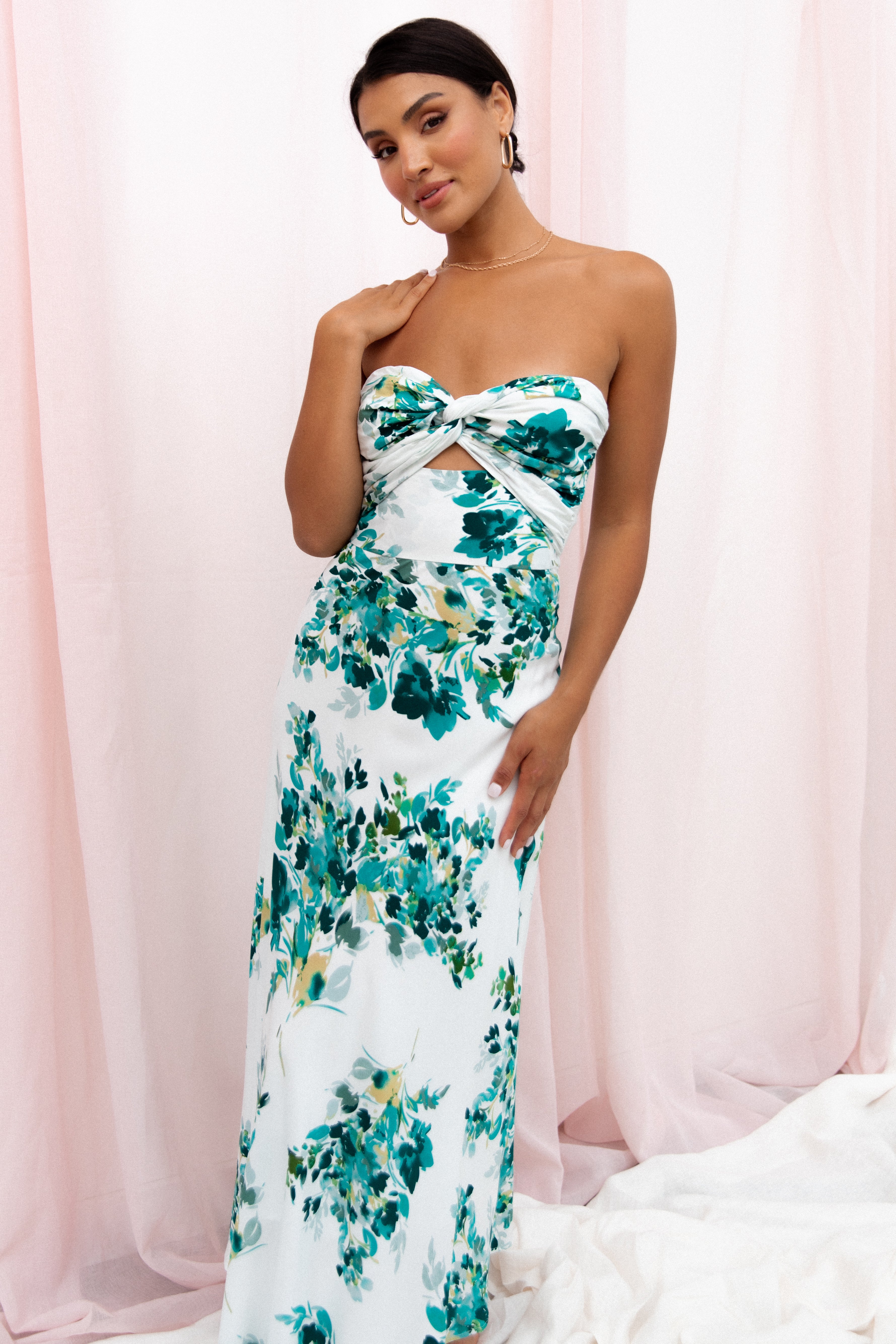 Petal Pup Teagan Strapless Midi Dress Green Floral XL