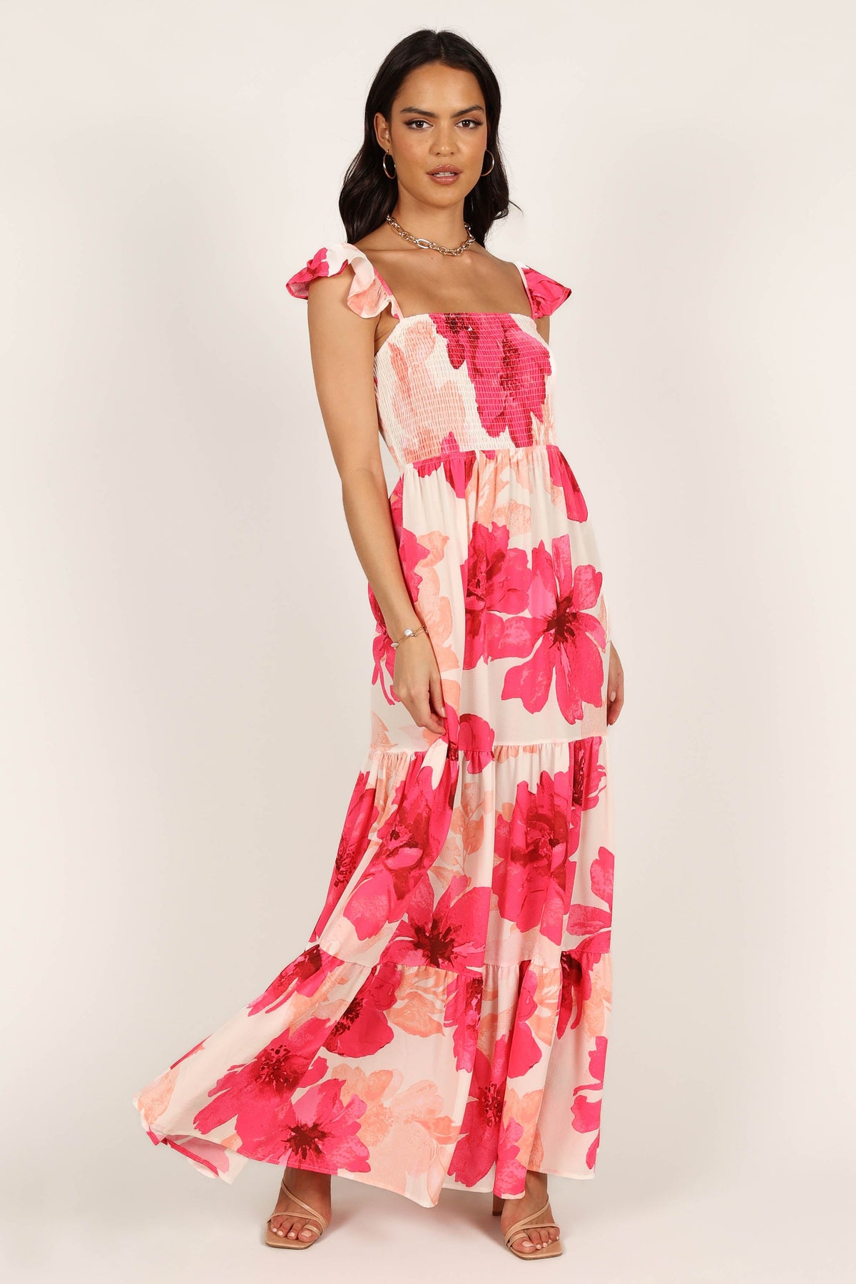 shirred maxi dress Shirred Bodice Floral Print Dress in LENZING ECOVERO Purple