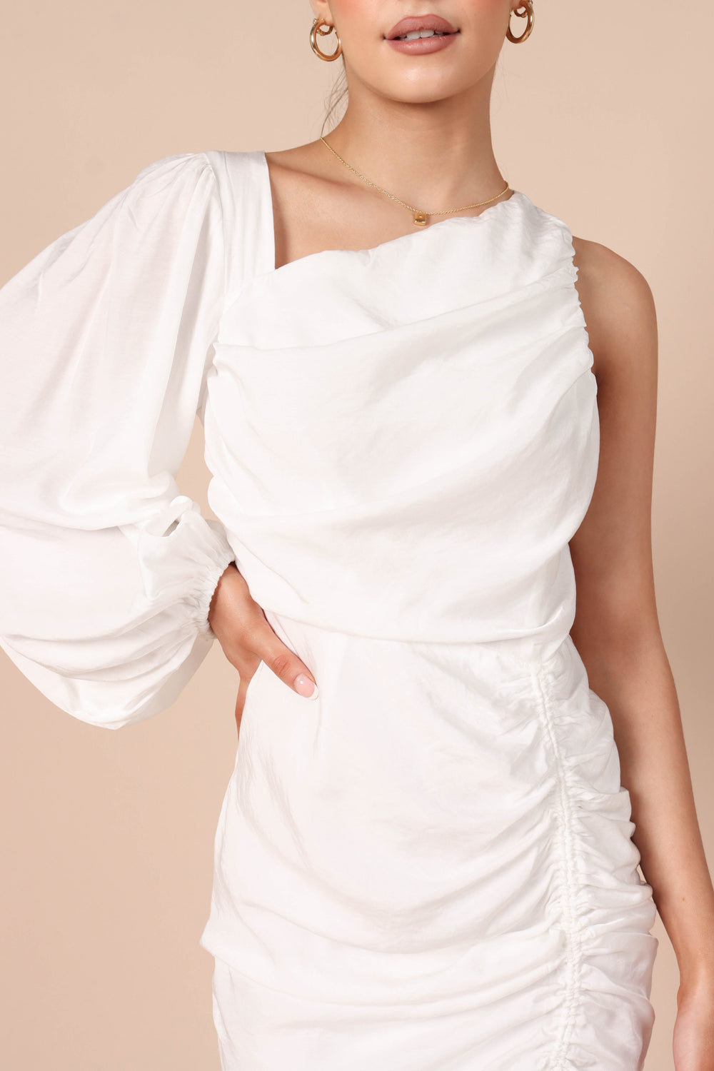 Petal and Pup USA DRESSES Toira One Shoulder Gathered Mini Dress - White