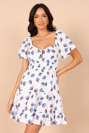 Petal and Pup USA DRESSES Winterspoon Shirred Waist Mini Dress - White/Blue Floral