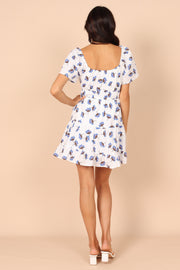 Petal and Pup USA DRESSES Winterspoon Shirred Waist Mini Dress - White/Blue Floral