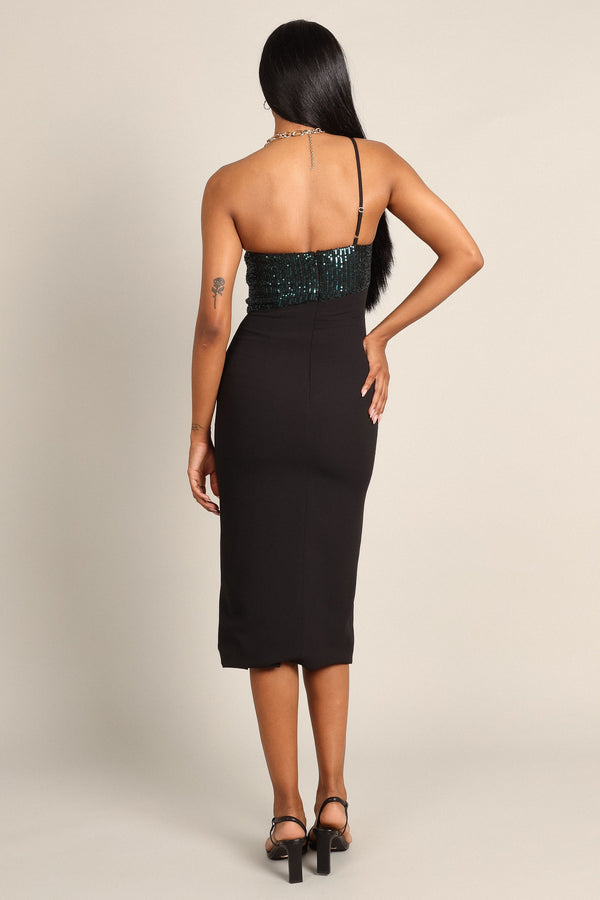 Petal and Pup USA DRESSES Xayne One Shoulder Sequin Midi Dress - Black/Emerald