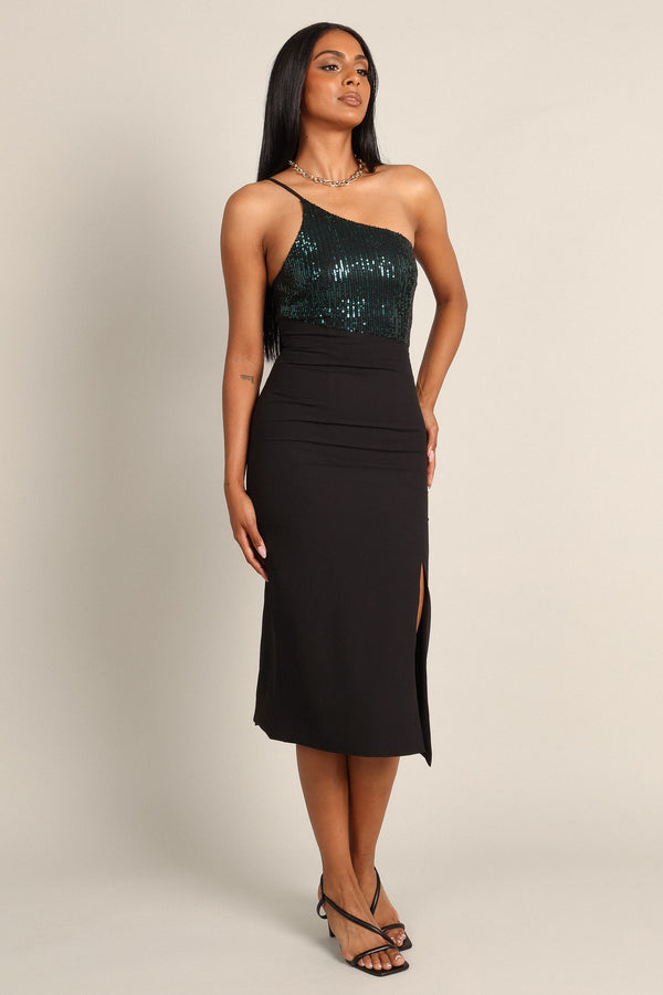 Petal and Pup USA DRESSES Xayne One Shoulder Sequin Midi Dress - Black/Emerald