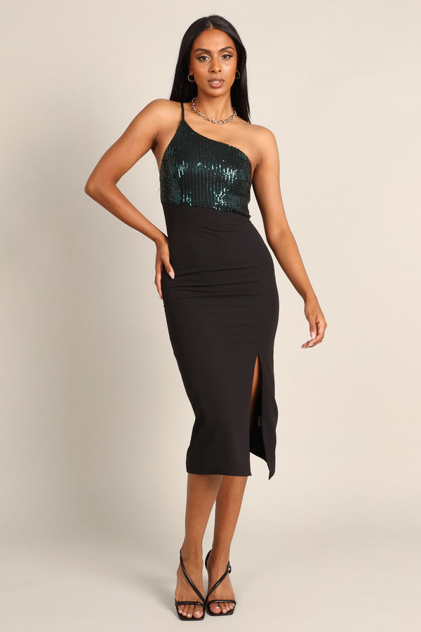 Petal and Pup USA DRESSES Xayne One Shoulder Sequin Midi Dress - Black/Emerald