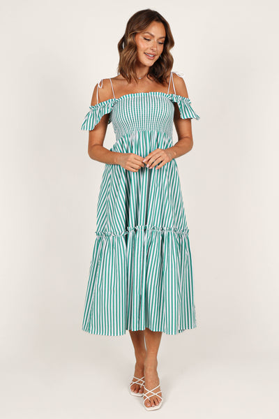 Yasminie Shirred Midi Dress - Green Stripe - Petal & Pup USA