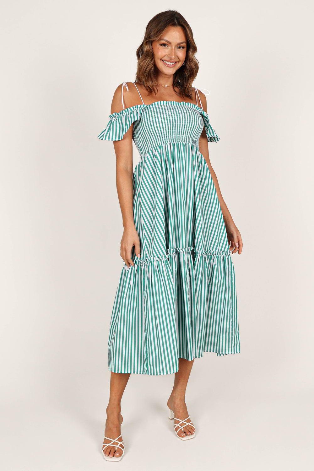 Yasminie Shirred Midi Dress - Green Stripe - Petal & Pup USA