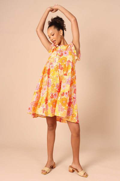 Feliz Shirred Waist Mini Dress - Coral Floral - Petal & Pup USA