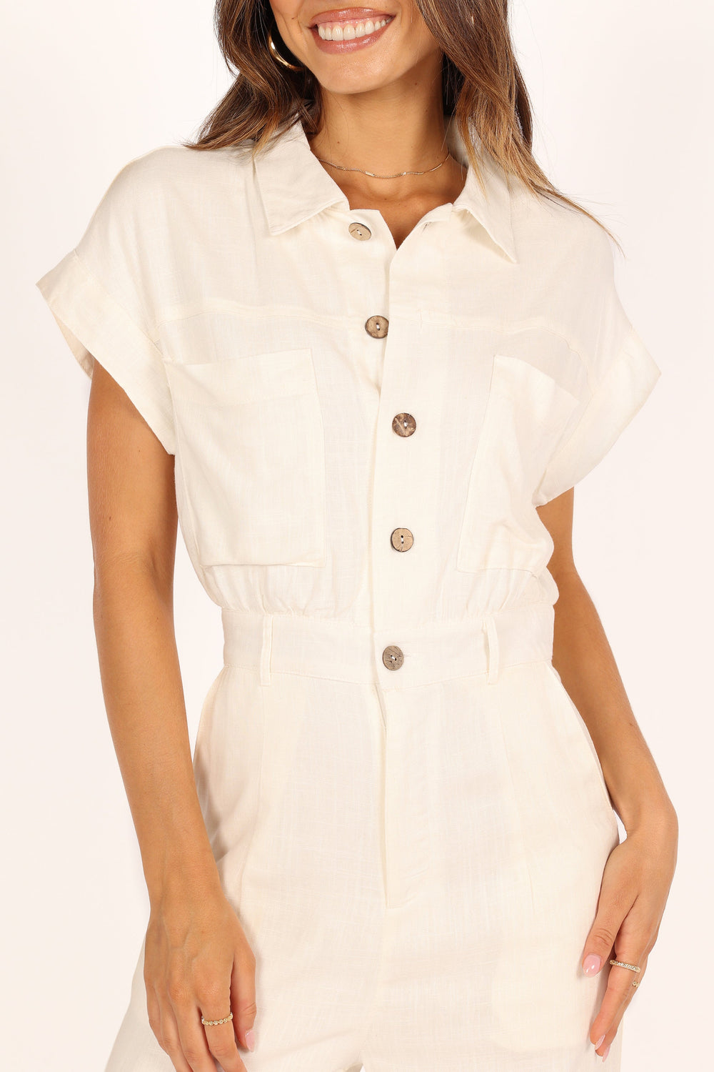 Terry Collar Button Up Short Sleeve Romper - Cider