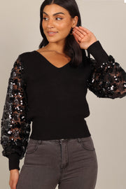 Petal and Pup USA Knitwear Alexa Sequin Sleeve Vneck Knit Sweater - Black