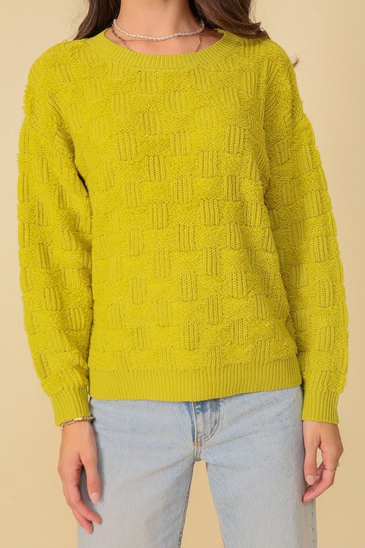 Basket Weave Pattern Knit Sweater - Chartreuse