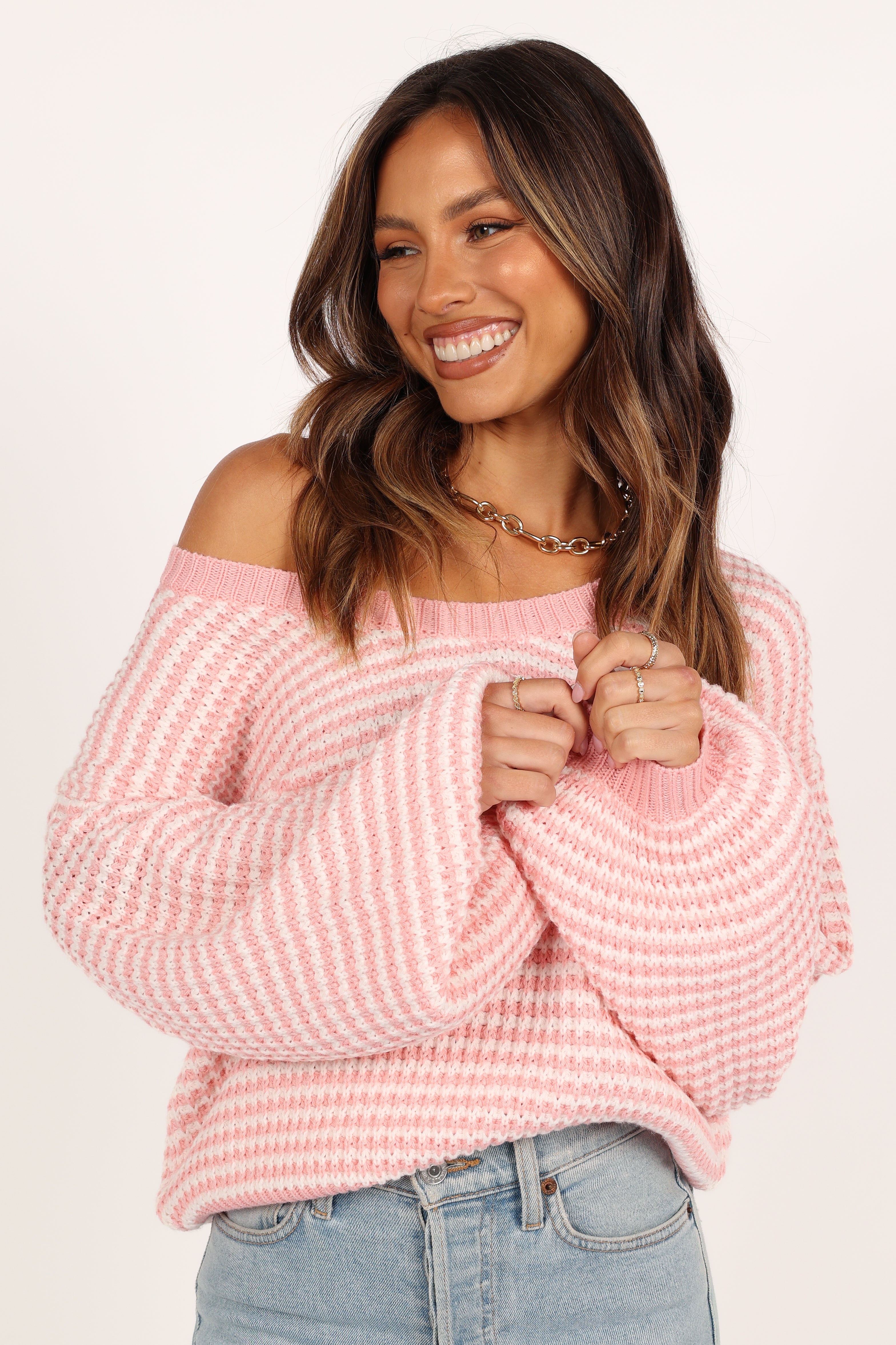 Becca Crewneck Waffle Stitch Stripe Knit Sweater - Pink - Petal