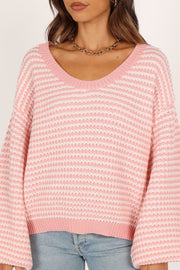 Petal and Pup USA KNITWEAR Becca Crewneck Waffle Stitch Stripe Knit Sweater - Pink