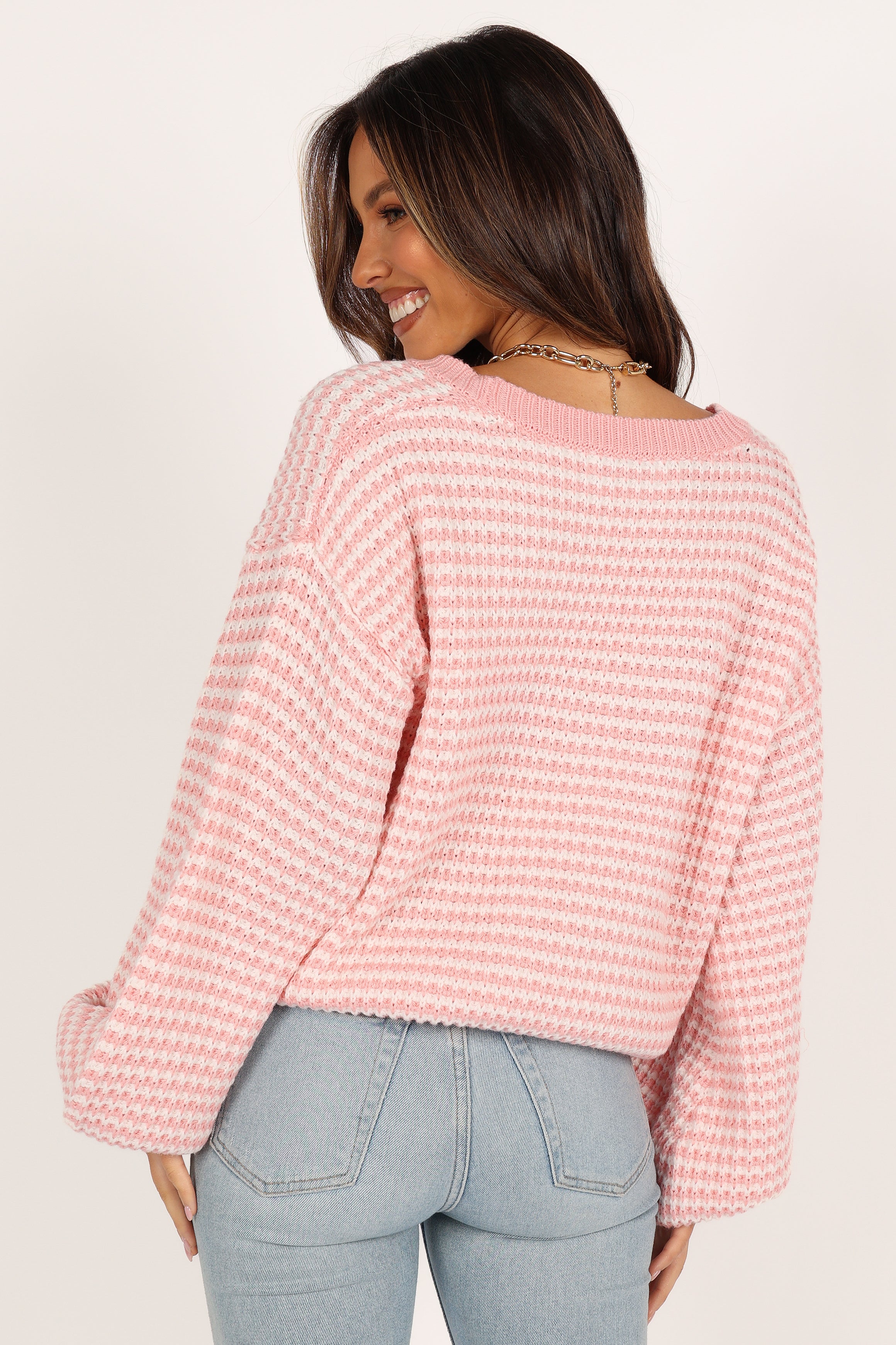 Petal and Pup USA KNITWEAR Becca Crewneck Waffle Stitch Stripe Knit Sweater - Pink