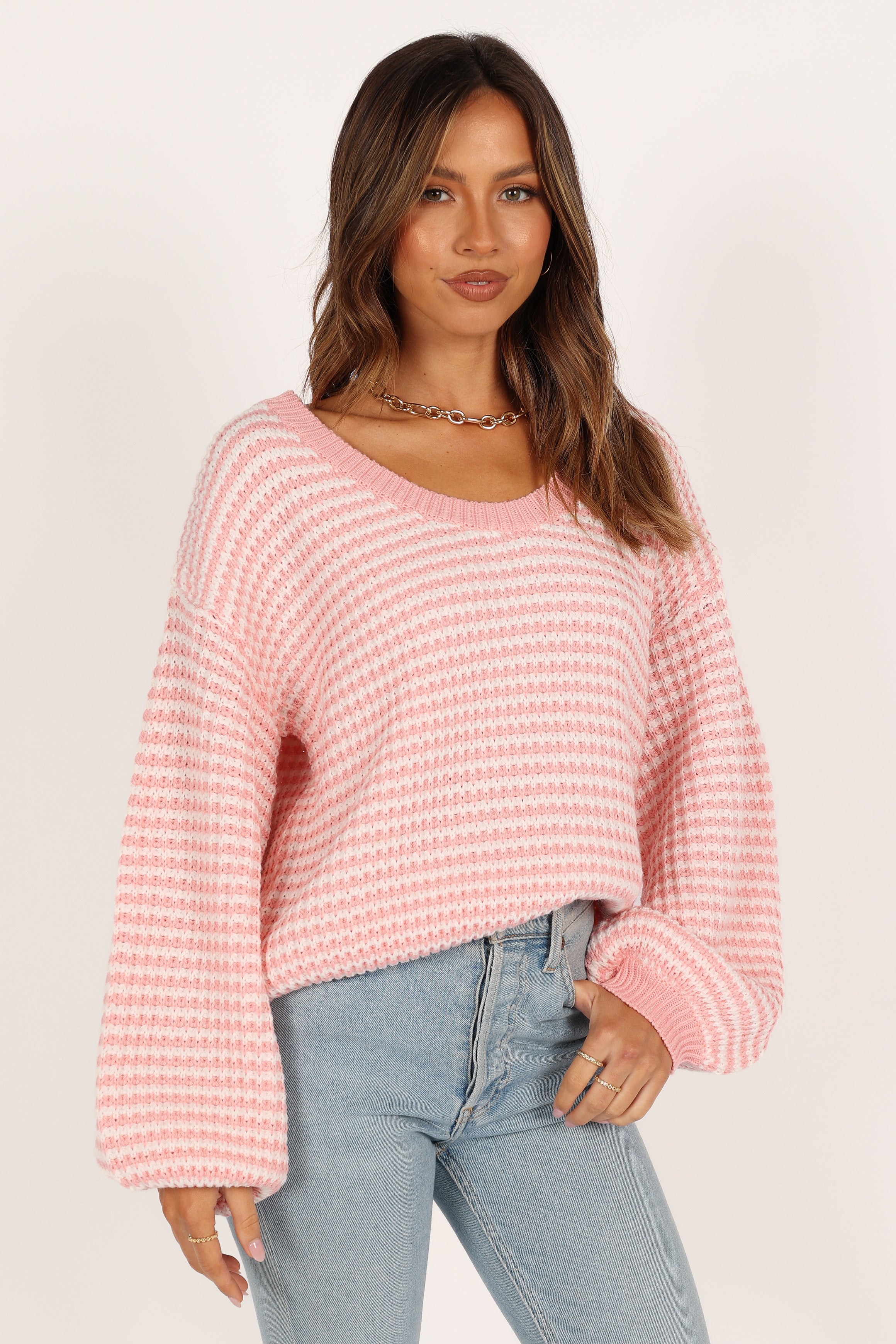 Petal and Pup USA KNITWEAR Becca Crewneck Waffle Stitch Stripe Knit Sweater - Pink