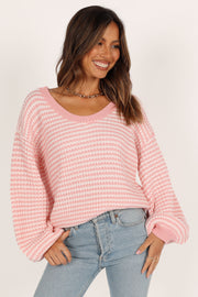 Petal and Pup USA KNITWEAR Becca Crewneck Waffle Stitch Stripe Knit Sweater - Pink