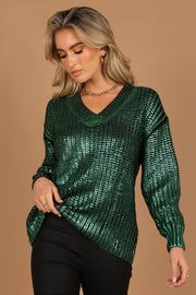 Petal and Pup USA Knitwear Cameron Crewneck Metallic Knit Sweater - Green