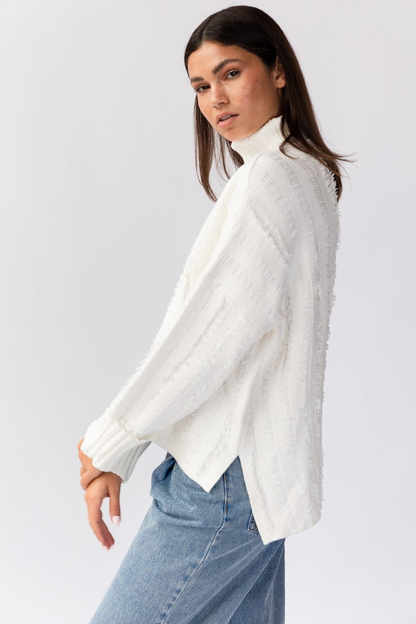 Petal and Pup USA Knitwear Dana Turtleneck Fringe Knit Sweater - White