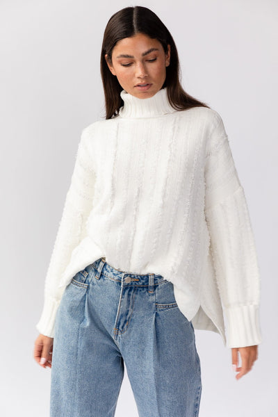 Danica Mock Neck Pointelle Sweater- Stone