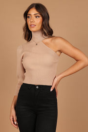 Petal and Pup USA KNITWEAR Drew One Shoulder Knit Sweater - Tan