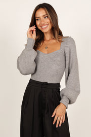 Petal and Pup USA KNITWEAR Gia Sweetheart Neck Bell Sleeve Knit Sweater - Light Grey