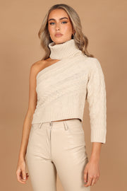 Petal and Pup USA KNITWEAR Goldie Turtleneck One-Shoulder Cut-Out Knit Sweater - Beige