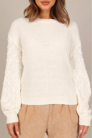 Petal and Pup USA KNITWEAR Katrina Textured Sleeve Crewneck Knit Sweater - White