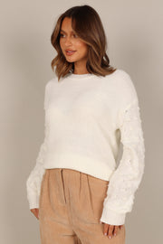 Petal and Pup USA KNITWEAR Katrina Textured Sleeve Crewneck Knit Sweater - White