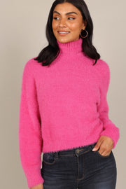Knitwear @Monica Fuzzy Turtleneck Knit Sweater - Hot Pink