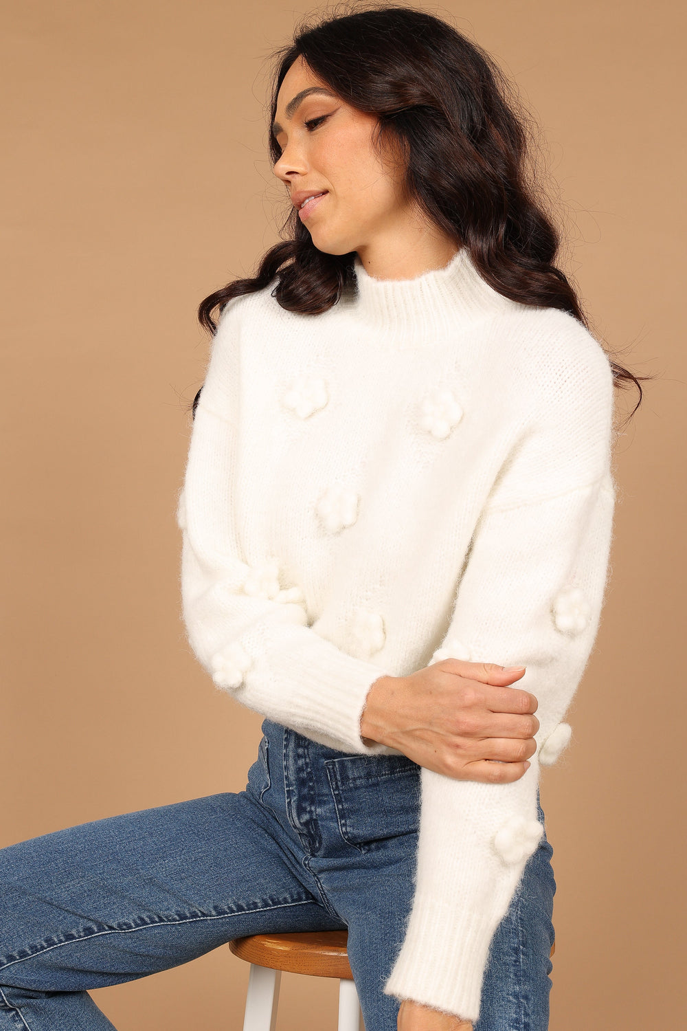 Raquel Mock Neck Flower Detail Knit Sweater - White - Petal & Pup USA