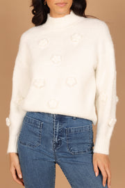 Petal and Pup USA KNITWEAR Raquel Mock Neck Flower Detail Knit Sweater - White
