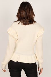 Petal and Pup USA Knitwear Stella Ruffle Shoulder Button Up Cardigan - Cream